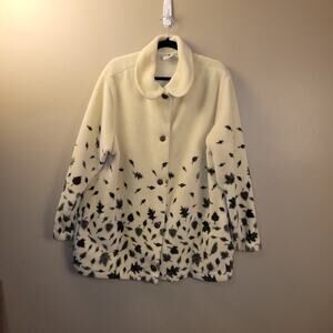 Cityscape Button Front Fleece Jacket Women's XXL Cream Green‎ Leaves Print